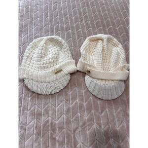 Michael Kors Cream‎ Knit Newsboy Hat Set of 2 Gold Logo Accent Brimmed Caps